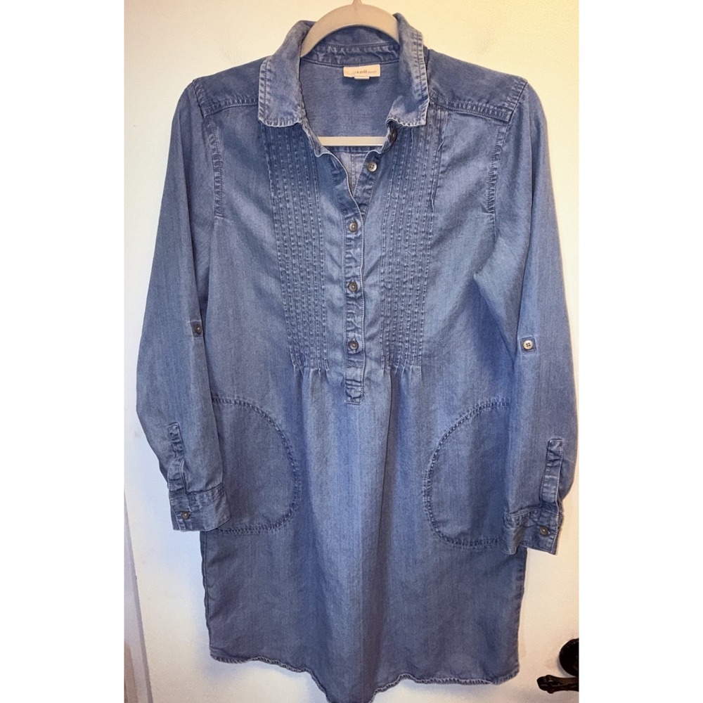 J.Jill Denim Tunic Top Shirt Dress Roll Tab Long Sleeve Pockets Small Petite